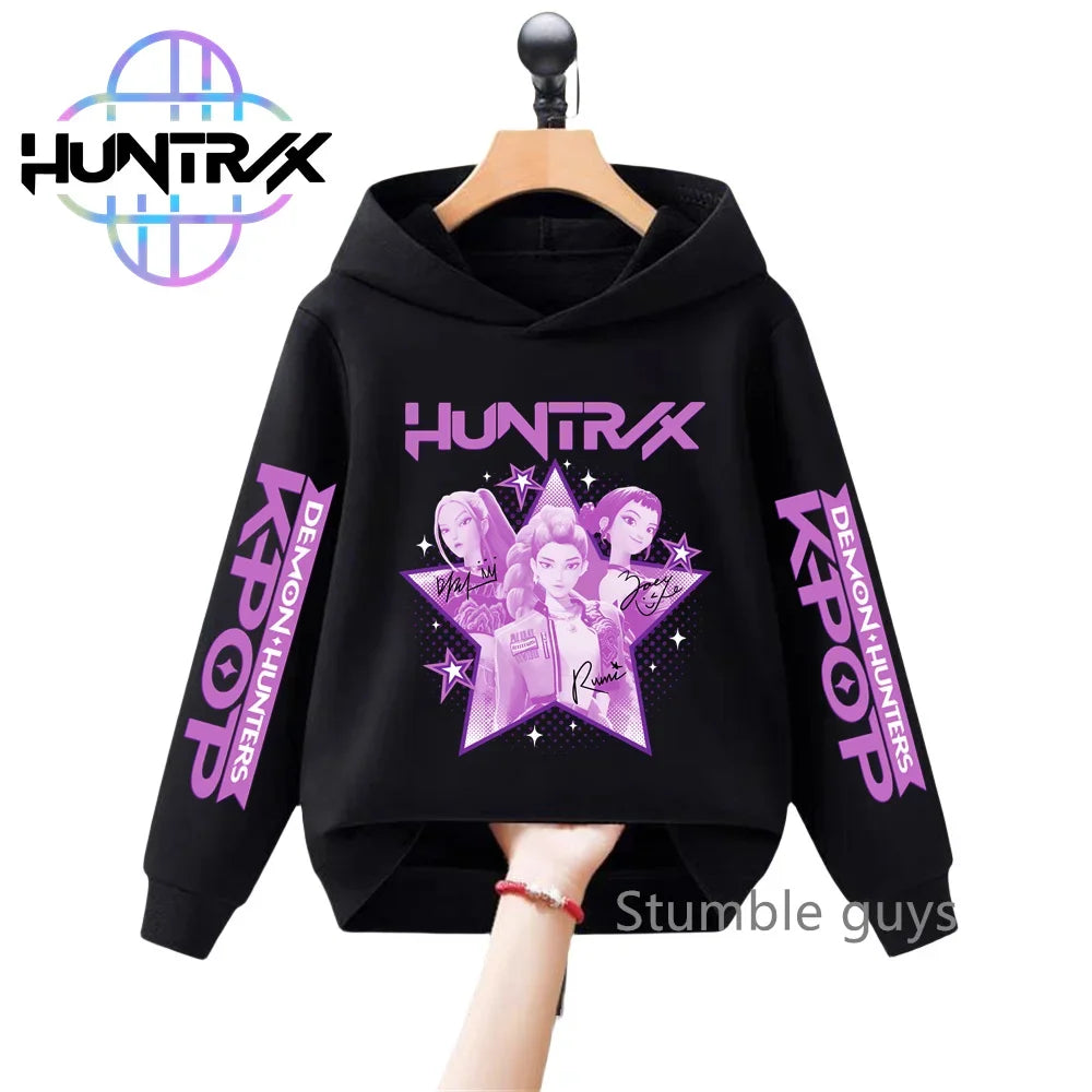 Felpa con cappuccio a maniche lunghe per bambini con stampa anime autunnale KPop Demon Hunters, abbigliamento sportivo, vestiti casual per ragazzi e ragazze.