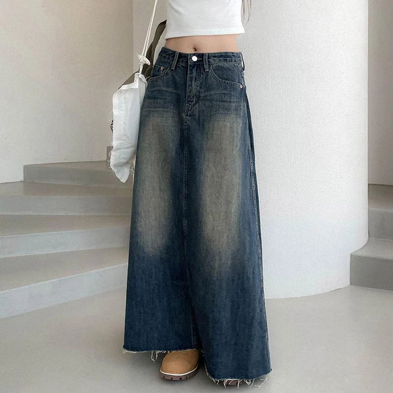 Vinatge A Line Denim Long Skirts Women 2026 Spring High Waist Midi Jeans Skirt Woman Korean Streetwear Loose Skirts Female