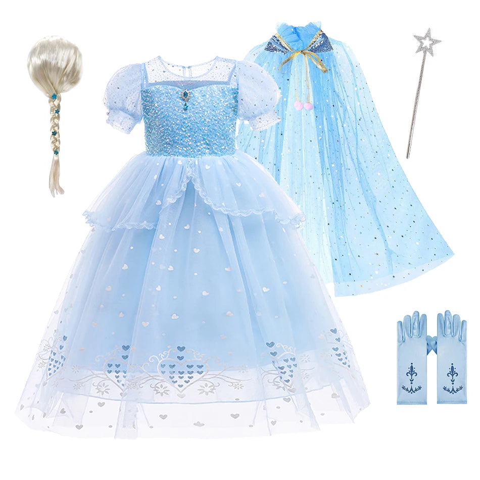 Abito da principessa Elsa per cosplay, blu, in rete con paillettes, per bambina, ideale per feste di compleanno, carnevale e Halloween, adatto a bambini dai 2 ai 10 anni.
