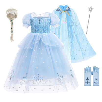 Abito da principessa Elsa per cosplay, blu, in rete con paillettes, per bambina, ideale per feste di compleanno, carnevale e Halloween, adatto a bambini dai 2 ai 10 anni.