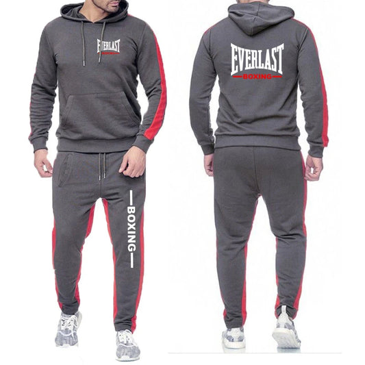 Completo sportivo casual da uomo Everlast 2025, tinta unita, due pezzi, ideale per attività all'aperto: pantaloni della tuta e felpa con cappuccio. Moda e comfort.