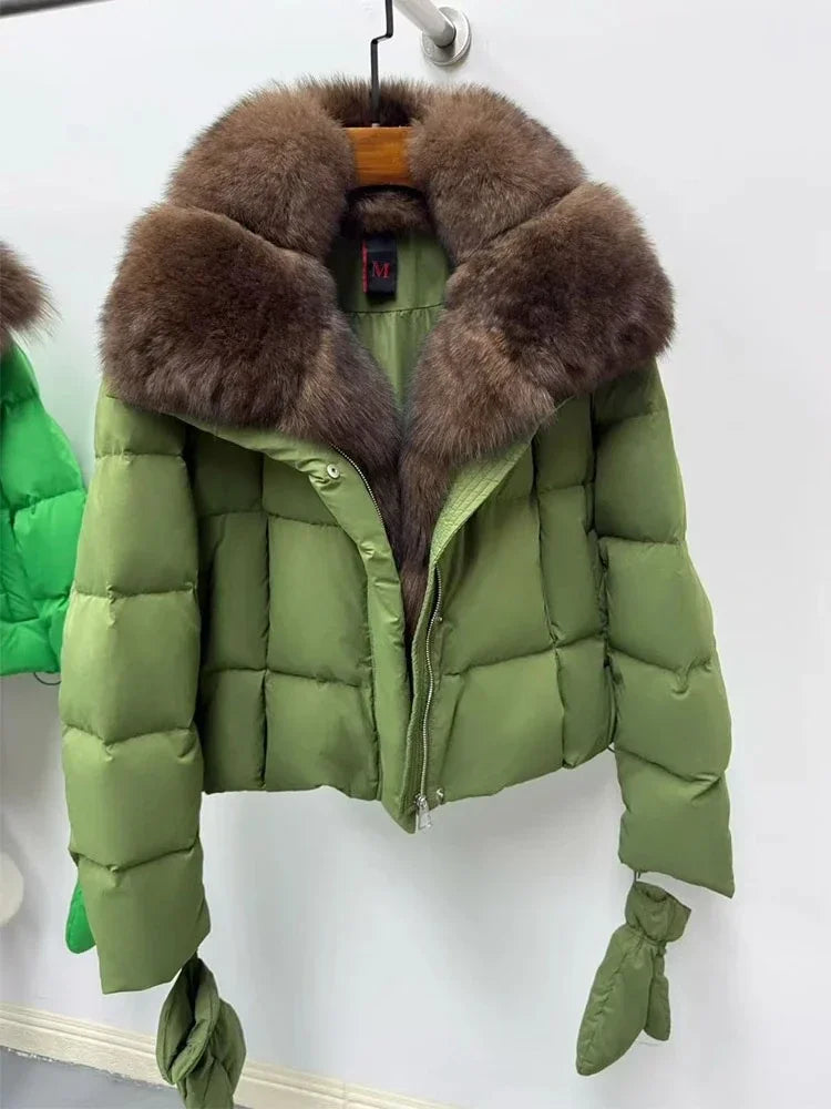 Natural Fox Fur Collar Goose Down Coat Luxury Reality Fur Jacket Huge Women Casual Warm Parka Real Fur Outwear Puffer Jacket