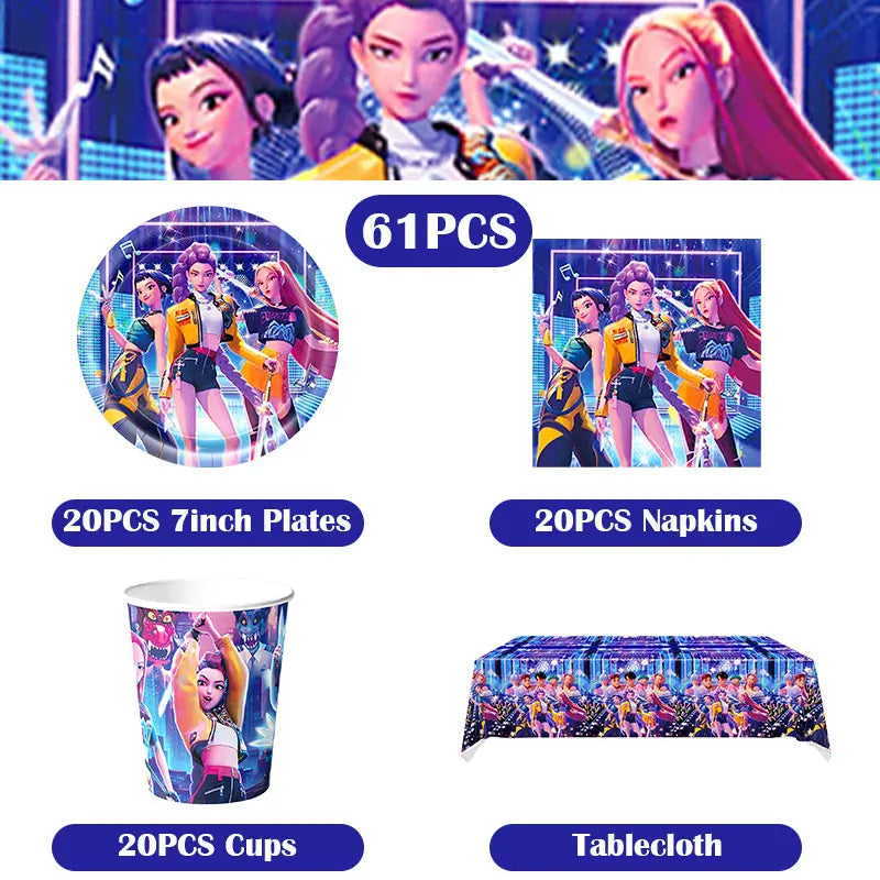 Kpop Demon Hunter Birthday Decoration Set Kpop Girl Cup Pate Happy Balloon Happy Banner Gift Bags Supplies for Kids Party Favors