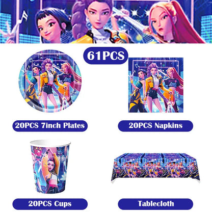 Kpop Demon Hunter Birthday Decoration Set Kpop Girl Cup Pate Happy Balloon Happy Banner Gift Bags Supplies for Kids Party Favors