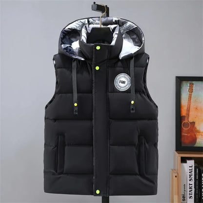 Gilet imbottito da uomo nero in cotone, giacca senza maniche con cappuccio staccabile, caldo invernale, cappotto spesso da uomo, taglia grande 5XL