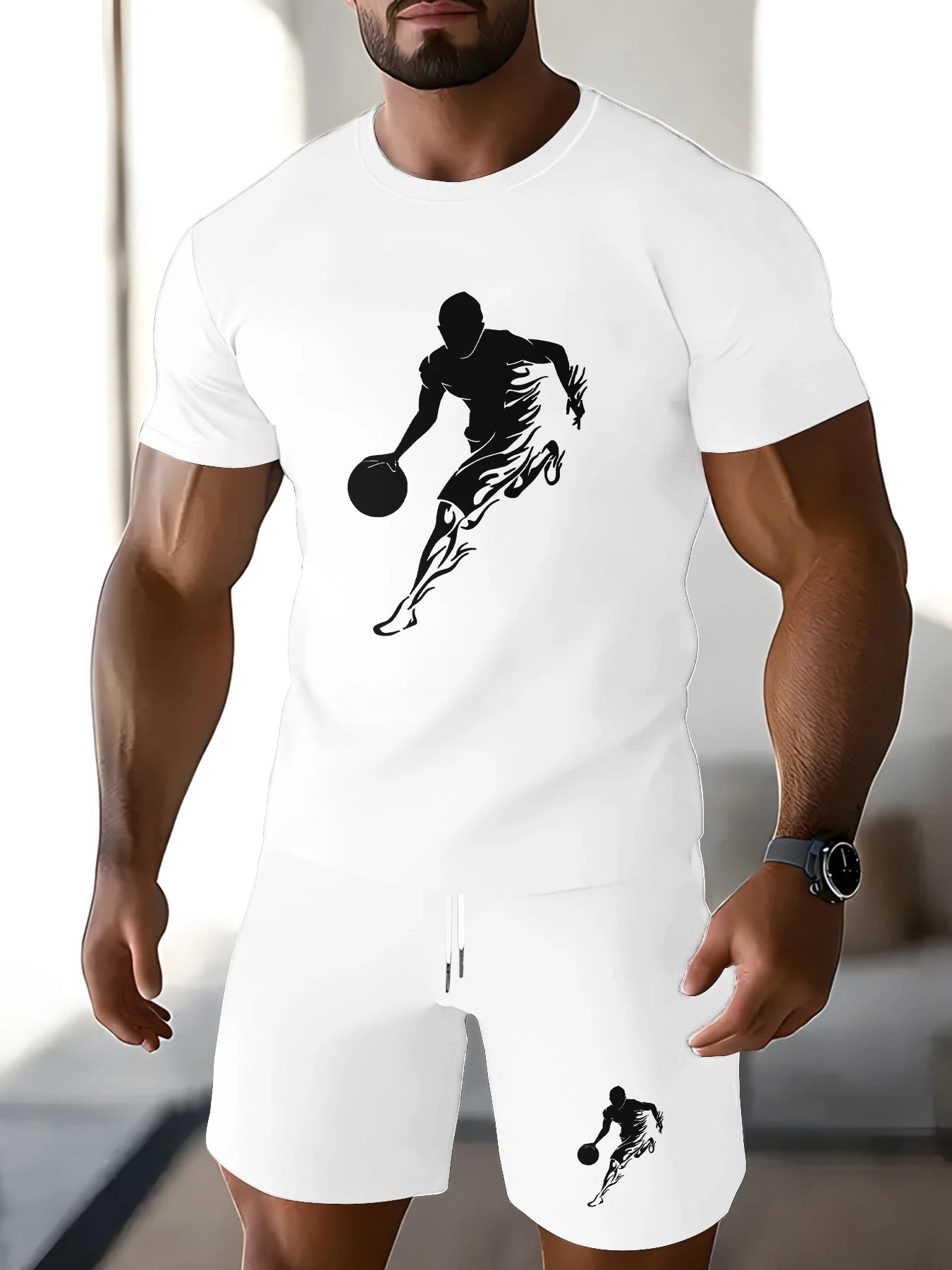Boys' Everyday Versatile Outfit: White Basketball Print T-Shirt and Shorts, Comfortable Two-Piece Set for Going Out