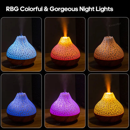 Umidificatore d'aria Volcano da 300 ml, da tavolo, con USB, diffusore di vapore acqueo, purificatore d'aria, nebulizzatore e luce notturna colorata.