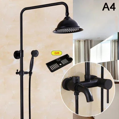 Bathroom Antique Black Painting Brass Lifting Column Wall Mount Shower Set 8" 3-Functions Hot Cold Rainfall Shower Mixer Tap