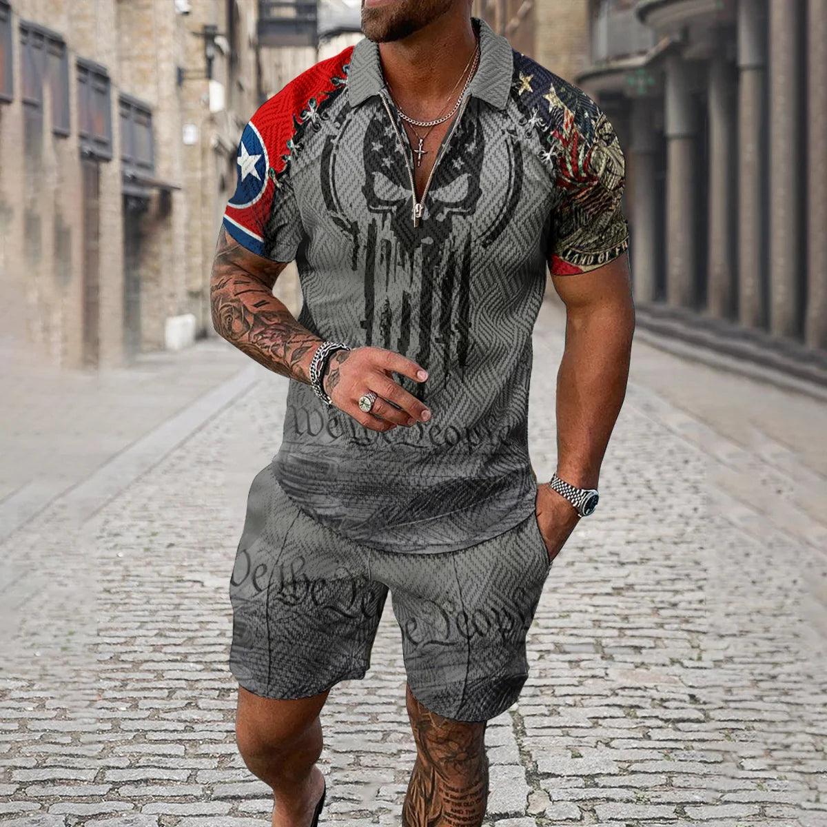 Completo estivo da uomo con stampa 3D, composto da polo con cerniera e pantaloncini, 2 pezzi, stile boho geometrico, abbigliamento per le vacanze.