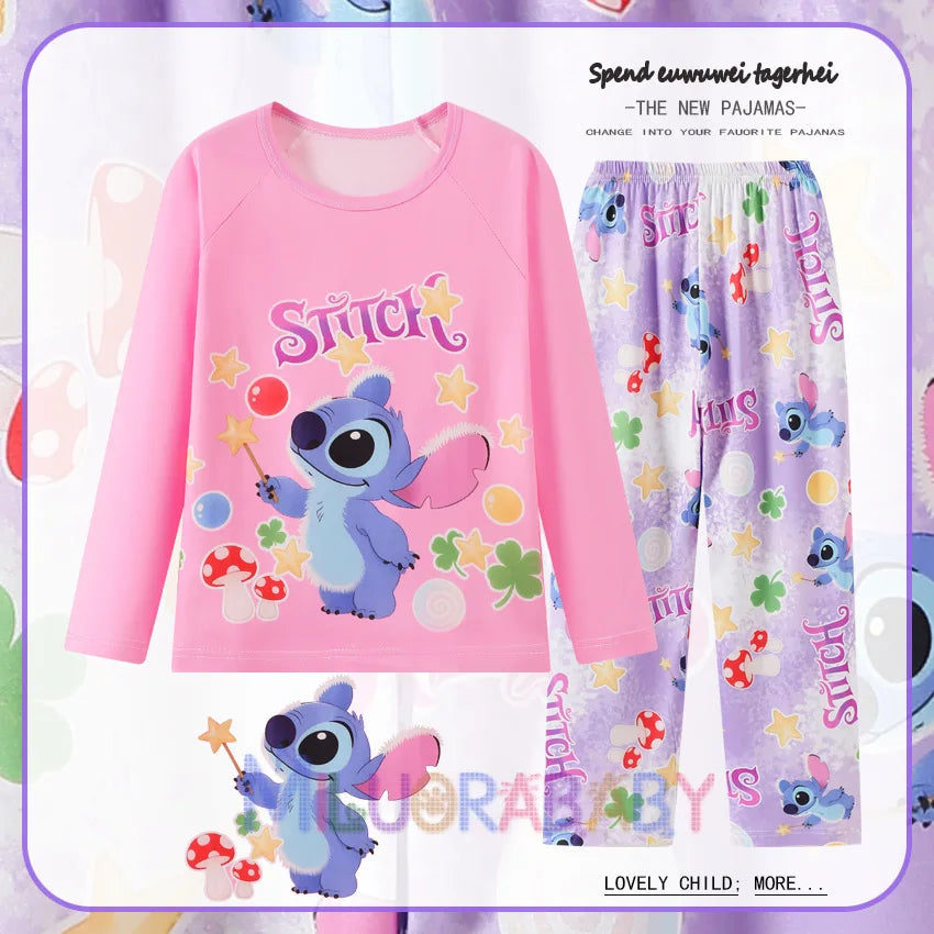 Pigiama per bambini dai 2 ai 14 anni, completo a maniche lunghe per primavera e autunno, set pigiama per bambini con motivo a cartoni animati Stitch, abbigliamento da casa comodo e casual per ragazzi e ragazze.