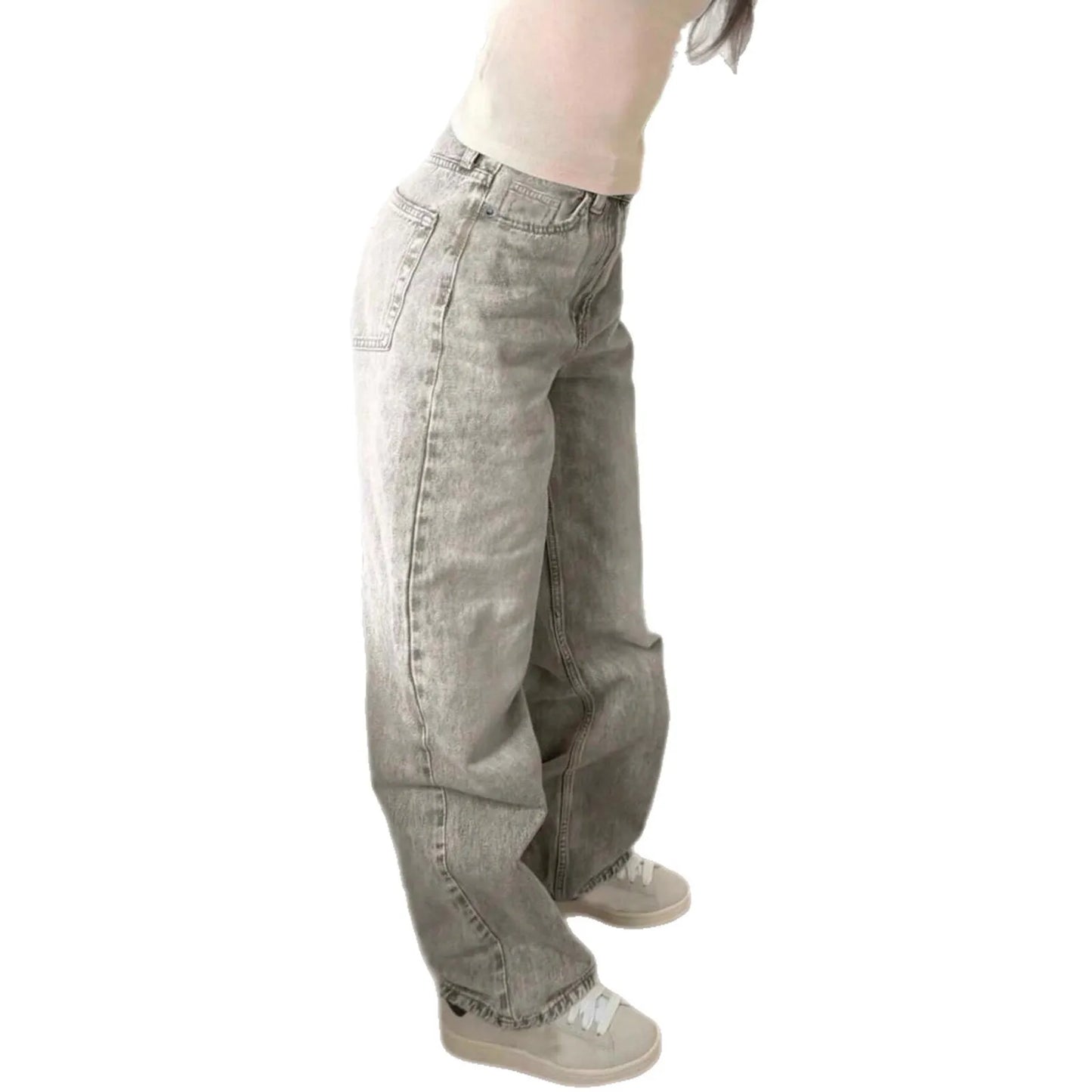 Retro High Street Light Grey Denim Pants Women's High Waist Loose Slim Wide Leg Straight Cut Trousers Artistic Vintage Style