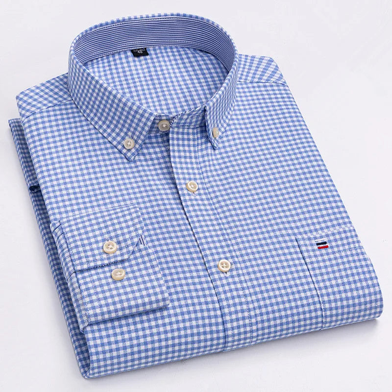 Camicia da uomo a quadri con bottoni a maniche lunghe in cotone 100%, con tasca singola sul petto, vestibilità standard, casual, stile Oxford a quadri e righe