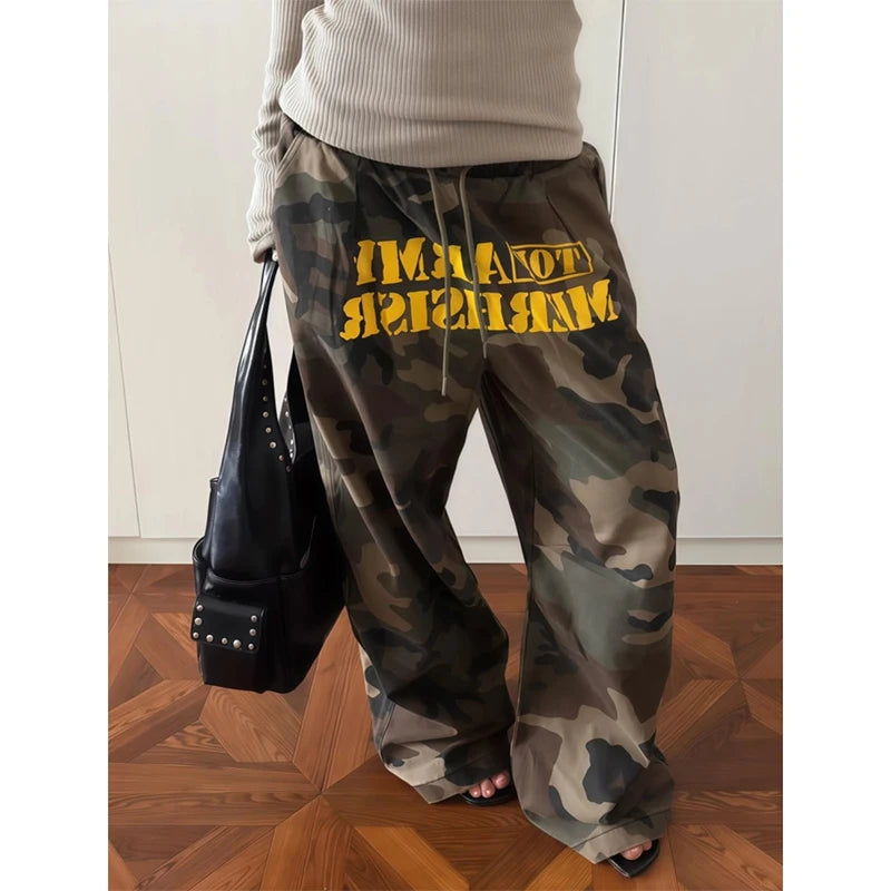 Pantaloni larghi mimetici da donna marroni, pantaloni oversize stile paracadute, stile Harajuku giapponese anni 2000, pantaloni vintage Y2k, abbigliamento autunnale