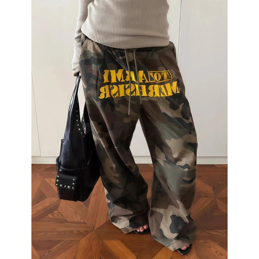 Pantaloni larghi mimetici da donna marroni, pantaloni oversize stile paracadute, stile Harajuku giapponese anni 2000, pantaloni vintage Y2k, abbigliamento autunnale