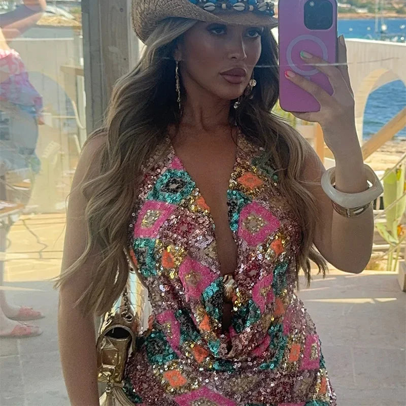 Sexy Sequin Bikini Skirt Sets Women Fashion Holiday Lace Up Top Ribbon Mini Skirts Female 2025 Summer Beach Lace Up Suits Lady