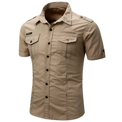 Camicia tattica militare estiva da uomo casual 100% cotone 2025, a maniche corte, tinta unita, con tasca