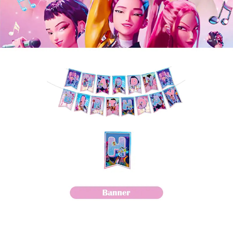 Kpop Demon Hunter Birthday Decoration Set Kpop Girl Cup Pate Happy Balloon Happy Banner Gift Bags Supplies for Kids Party Favors