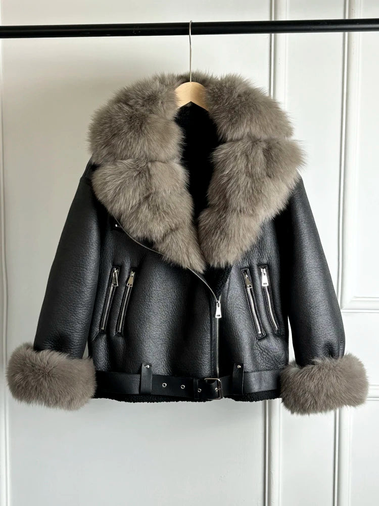 Janveny 2024 Winter Fake Leather Coat Real Natural Fox Fur Collar Cuff Women Thick Warm Large Lapel Fur Lining Leather Jacket