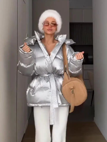 Women's Shiny Quilted Jacket With Detachable Hood Fashion Long Sleeve Zipper Belted Waist Coat Lady 2026 Warm Winter Outerwear