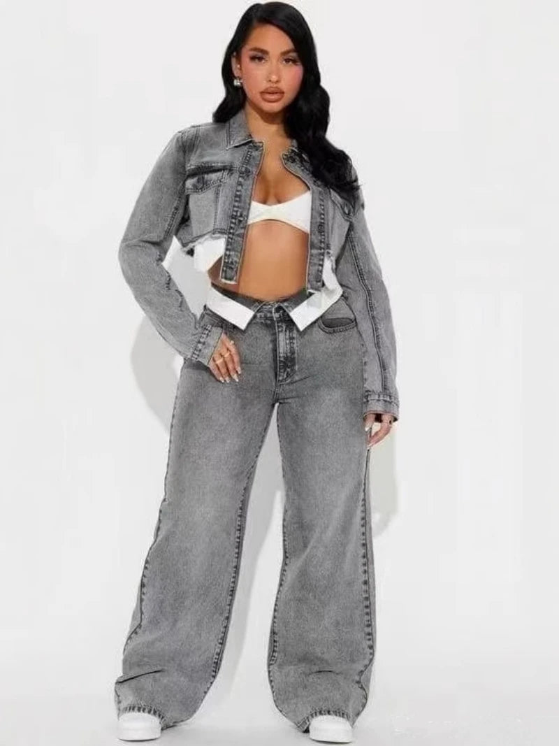 Streetwear Denim 2 pezzi Set da donna Outfit Abbigliamento autunnale Donna Jeans a maniche lunghe Giacca corta Jeans dritti Pantaloni Set Tuta