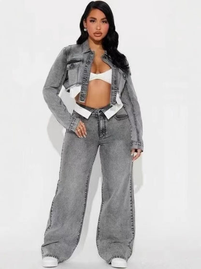 Streetwear Denim 2 pezzi Set da donna Outfit Abbigliamento autunnale Donna Jeans a maniche lunghe Giacca corta Jeans dritti Pantaloni Set Tuta