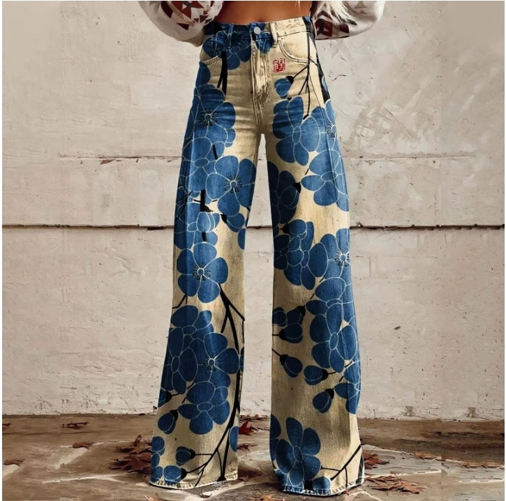 Cross-border Sale of Large-sized Women Casual Pants for European American Trade Thin Style Imitating copy Jeans Wide-leg Fashion