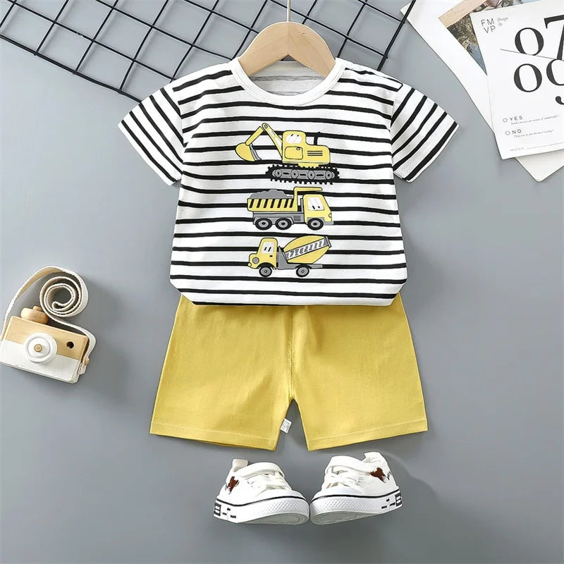 Completo pigiama 2 pezzi maglietta + pantaloncini in cotone con orsetto e dinosauro dei cartoni animati per bambini e bambine, tuta estiva casual per bambini e bambine da 1 a 4 anni