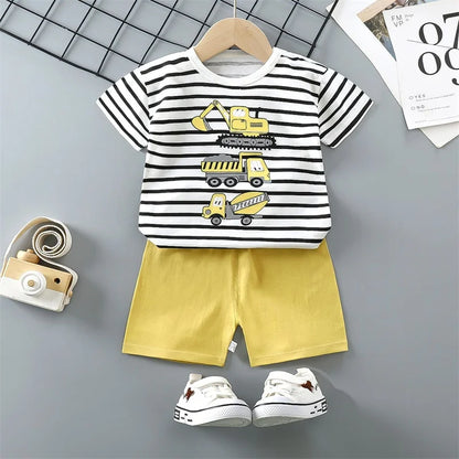 Completo pigiama 2 pezzi maglietta + pantaloncini in cotone con orsetto e dinosauro dei cartoni animati per bambini e bambine, tuta estiva casual per bambini e bambine da 1 a 4 anni
