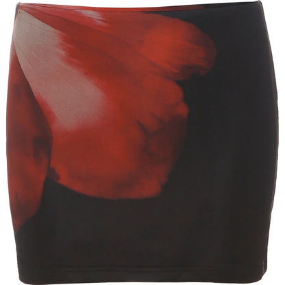 Rebellious Girl Design Big Red Flower Segmented ort Sve T-irt Skirt Set High Collar Faionable Casual Women's Outfit