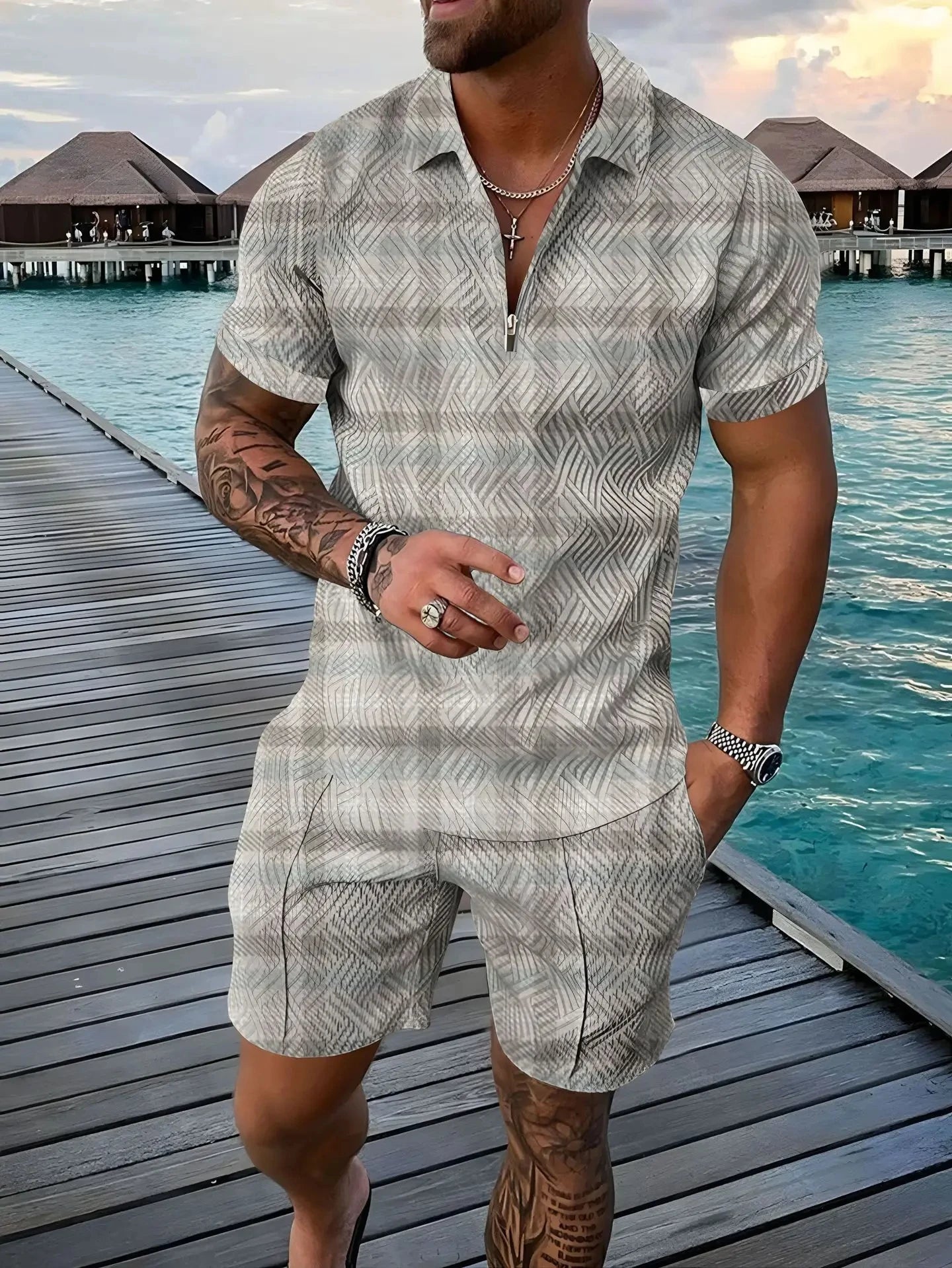 Completo estivo vintage casual a righe con stampa 3D, composto da polo, polo con cerniera e colletto, pantaloncini con cerniera, stile vacanze hawaiane da uomo.
