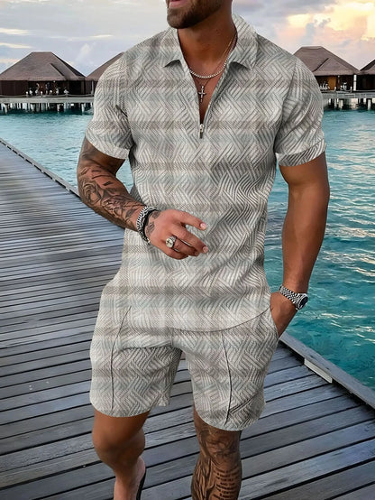 Completo estivo vintage casual a righe con stampa 3D, composto da polo, polo con cerniera e colletto, pantaloncini con cerniera, stile vacanze hawaiane da uomo.
