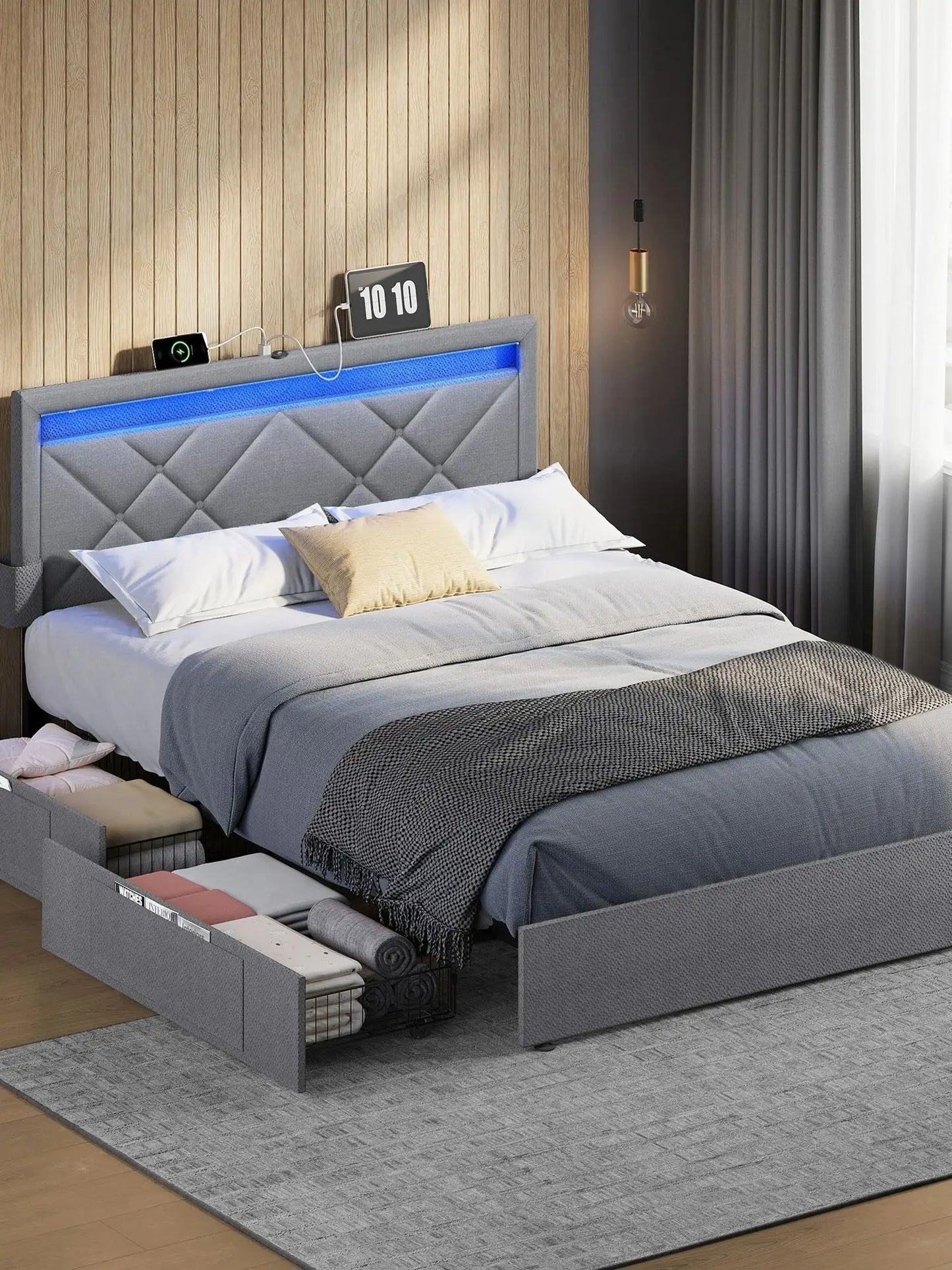 VASAGLE Letto imbottito, struttura letto matrimoniale, struttura letto, letto in metallo (LED, 4 cassetti, stazione di ricarica)