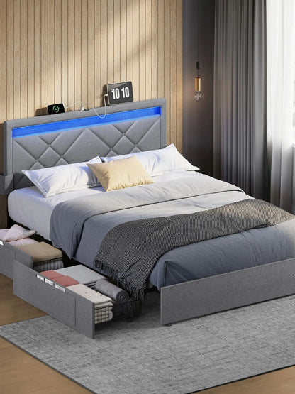 VASAGLE Letto imbottito, struttura letto matrimoniale, struttura letto, letto in metallo (LED, 4 cassetti, stazione di ricarica)