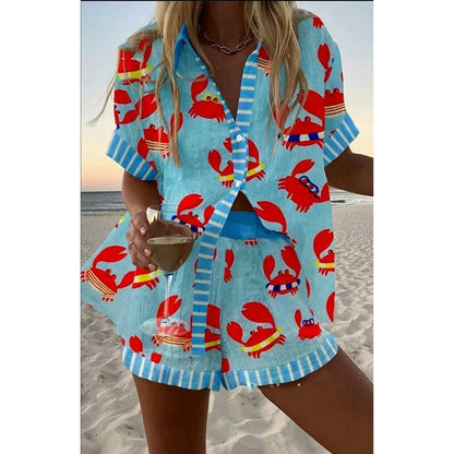 Combhasaki - Completo da donna in 2 pezzi Y2K con stampa di granchi a righe, camicia a maniche corte con risvolto e pantaloncini larghi elastici a vita alta