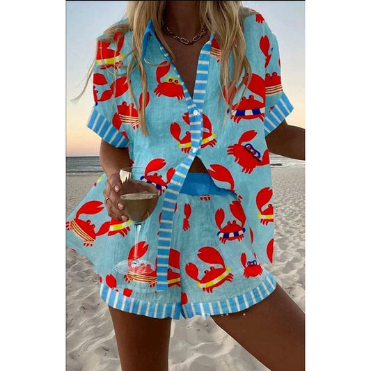 Combhasaki Women 2 Piece Y2K Cute Striped Crab Print Outfits Set Short Sleeve Lapel Neck Shirt + Elastic High Waist Loose Shorts