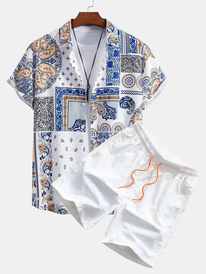 Completo uomo 2024 con stampa patchwork, risvolto, maniche corte, camicia casual, pantaloncini da spiaggia, abbigliamento streetwear estivo, vacanze, completo hawaiano, taglie S-5XL.