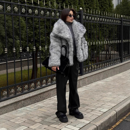 Faux Fox Fur Coats Women Jackets Color Block Turn Down Collar Long Sleeves Loose Fit Open Stitch Thick Casual 2025 Autumn Winter