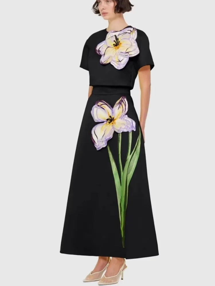 LGRQ 2025 New Summer Tound Neck Short Sleeves High Waist Printed Tshirt And A-line Long Skirt 2pcs