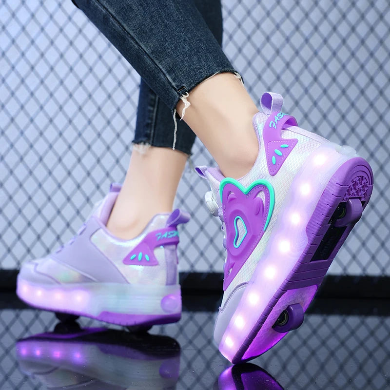 Scarpe da ginnastica luminose per bambine con ruote, tacco rosa con luci LED, pattini a rotelle, scarpe LED per bambini con ricarica USB, alla moda.