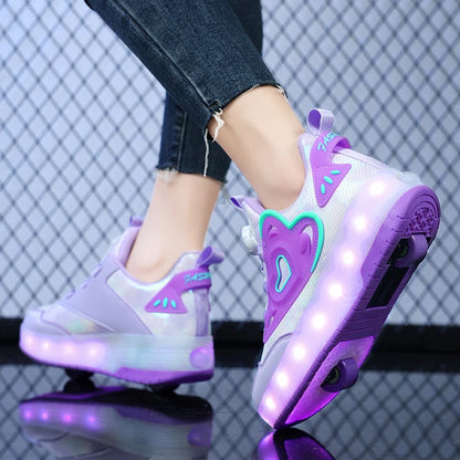 Scarpe da ginnastica luminose per bambine con ruote, tacco rosa con luci LED, pattini a rotelle, scarpe LED per bambini con ricarica USB, alla moda.