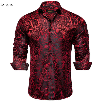 Camicie da uomo a maniche lunghe in seta e poliestere, camicie eleganti di lusso, camicie da smoking con colletto rovesciato e motivo paisley, abbigliamento da uomo