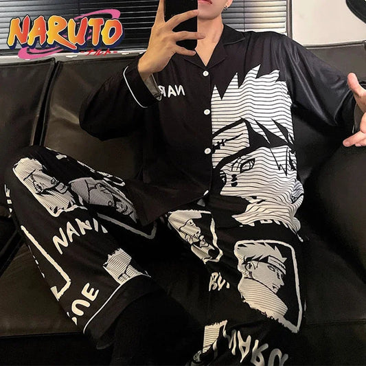 Pigiama Naruto Pain da uomo, set anime in seta satinata, pigiama con colletto risvoltato, maniche lunghe, abbigliamento da notte maschile, set da 2 pezzi, cardigan, abbigliamento per la casa