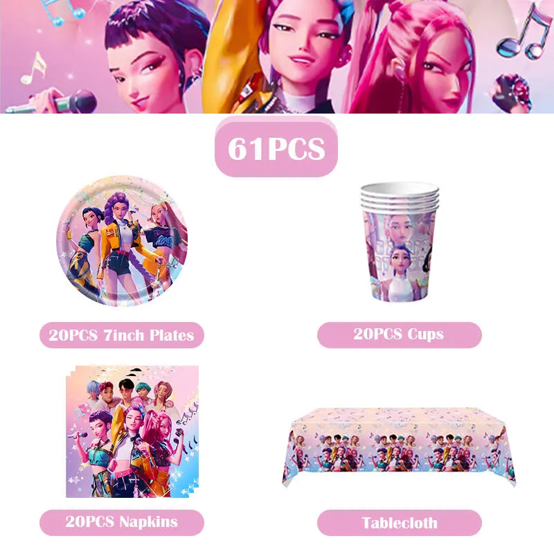 Kpop Demon Hunter Birthday Decoration Set Kpop Girl Cup Pate Happy Balloon Happy Banner Gift Bags Supplies for Kids Party Favors