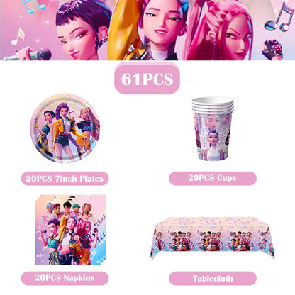 Kpop Demon Hunter Birthday Decoration Set Kpop Girl Cup Pate Happy Balloon Happy Banner Gift Bags Supplies for Kids Party Favors