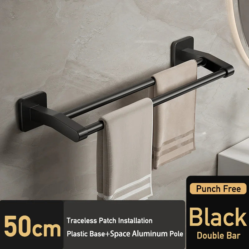 Bathroom Hand Towel Rack Black Towel Holder Wall Mount No Drill Mount 40/50cm Kitchen Towel Bar Aluminium Double Bar 2 Tier Rail