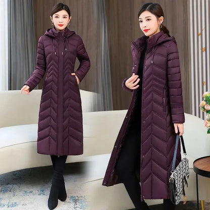 Women 2023 New Winter Long Plaid Parkas Loose Thicken Warm Hooded Coats Casual Zip Up Windproof Black White Down Jackets