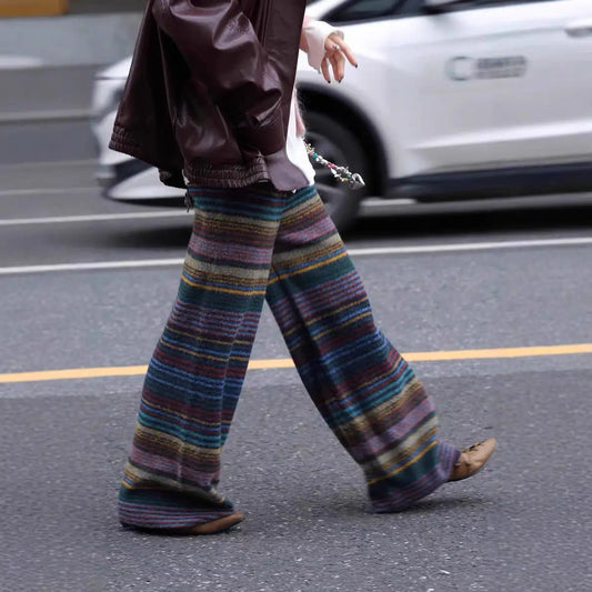 Pantaloni lunghi da donna a righe retrò con cuciture a contrasto, perfetti per l'autunno e l'inverno, nuovi pantaloni casual in lana dalla vestibilità ampia.
