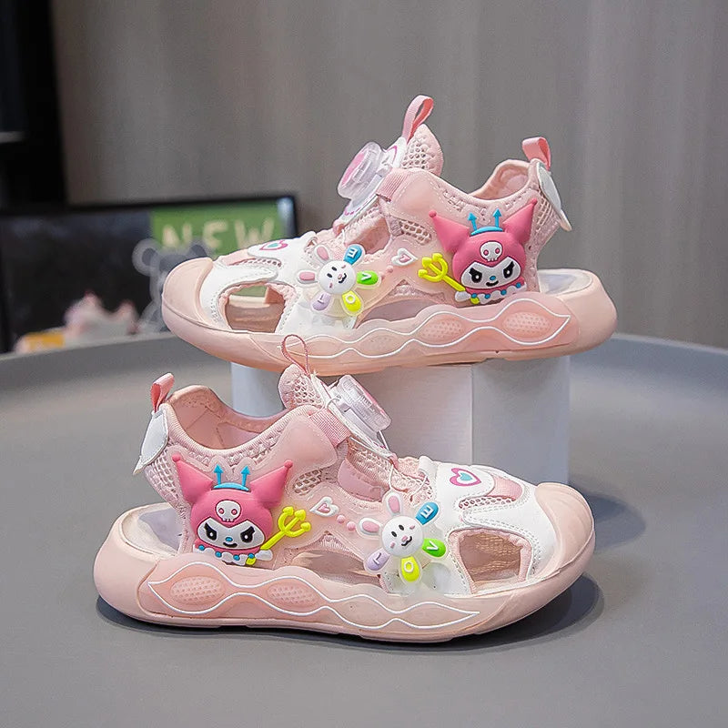 Sandali da bambina in pelle sintetica PU con stampa a cartoni animati, estivi, alla moda, con suola piatta, traspiranti e antiscivolo, rosa e viola, taglie 26-37.