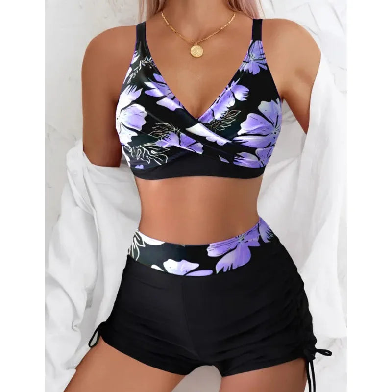 Costume da bagno due pezzi da donna con spalline incrociate, senza schienale, bikini con stampa floreale, vestibilità sportiva aderente, tessuto in poliestere, ideale per nuoto e sport acquatici.