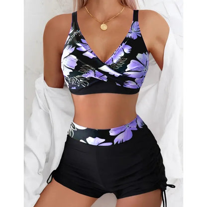 Costume da bagno due pezzi da donna con spalline incrociate, senza schienale, bikini con stampa floreale, vestibilità sportiva aderente, tessuto in poliestere, ideale per nuoto e sport acquatici.